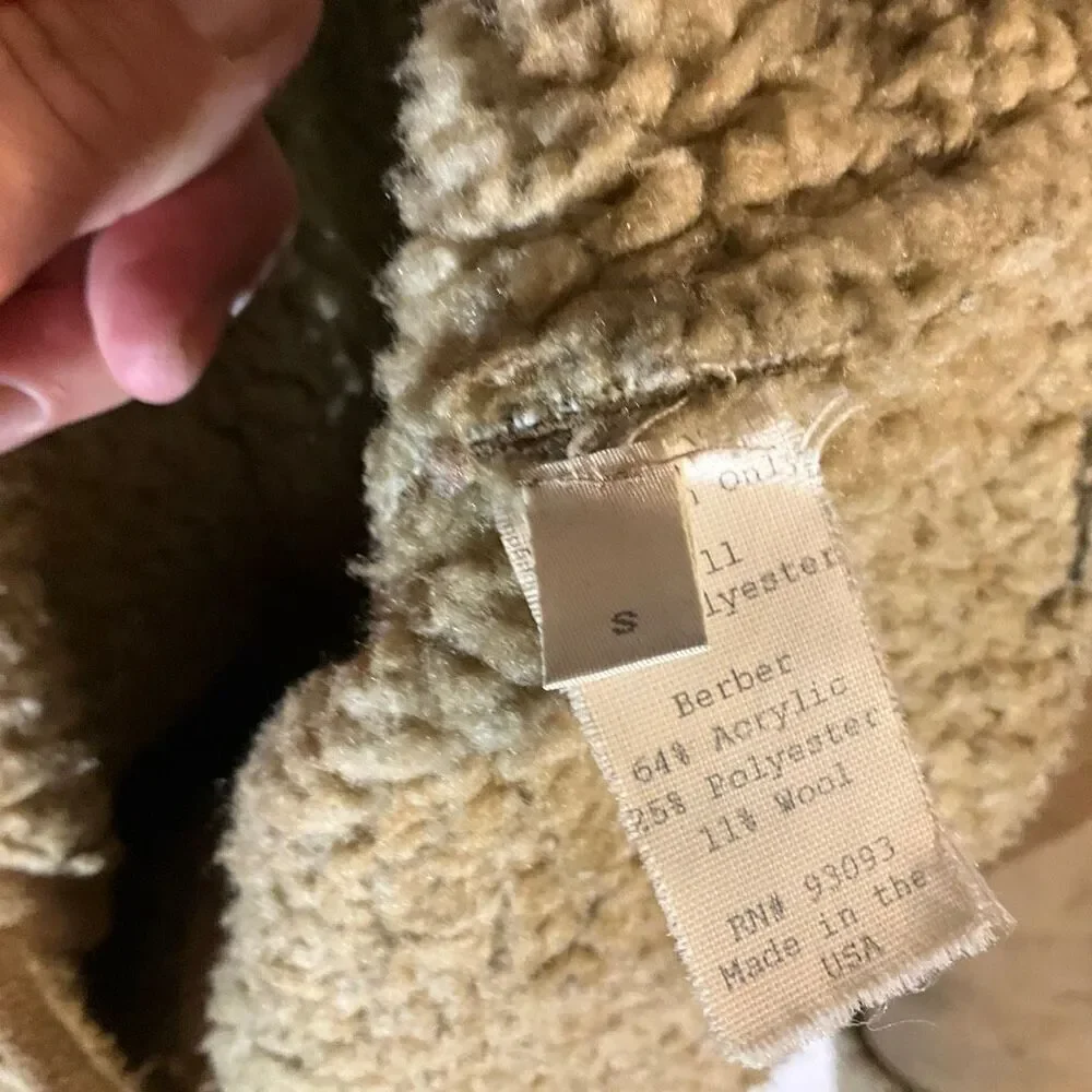Fjall Sherpa Jacket, Small. Brown Pockets. Faux Suede, Shearling. Thick and warm